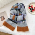 Thick colorful striped knitted scarf featuring long faux fur texture in grey and purple - Grey Caramel Lilac Blue Black Stripe