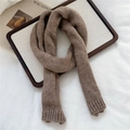 Detail of a brown chunky knit scarf showing soft texture and ribbed edges on white fabric - 14*110cm / Dark Coffee