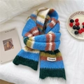 Colorful striped knit scarf in blue green and yellow with soft mohair texture - Blue Green Yellow Red Beige Stripe