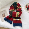 Colorful striped knit scarf with soft mohair texture and vintage collegiate brand tag - Red Yellow Green Blue Brown Stripe
