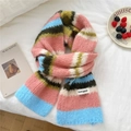 Colorful striped knitted scarf in pink, sky blue, and green with a soft mohair texture - Pink Blue Green Beige Stripes