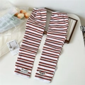 Close-up of striped knit sun protection arm sleeves with stylish brand label detail - One Size / Red & Green Contrast Stripes