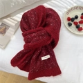 Knitted wine red scarf with fuzzy mohair texture and silver dots on white bedding - 22*158cm / Red (Feifei Red)