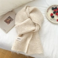Beige chunky knit scarf with minimalist brand label in a cozy Korean aesthetic - Striped Cream White