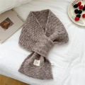 Brown knitted cross scarf with textured pattern and decorative label for winter warmth - 18*83cm / Marled Coffee