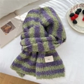Winter striped knit scarf in purple and green with soft wool texture and ins label - Purple and Green Stripe