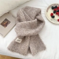 Gray-brown knit scarf for women with soft fuzzy texture and woven brand label - Striped Beige Coffee