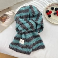 Blue-green and grey striped thick knitted winter scarf with minimalist ins woven label - Blue & Grey Striped