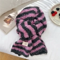 Winter knitted scarf featuring pink and dark grey stripes with soft plush texture - Purple Black Striped