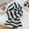 Winter knitted hooded scarf with black and white stripes and soft brushed texture - Black & Beige Stripes