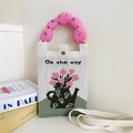 Detail of cute knitted bag featuring flower embroidery and pink cloud-shaped handle - Pink Handle Flower Pot Style