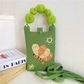 Detail of green knitted phone bag featuring 3D cloud handle and floral embroidery - Green Handle Butterfly Style