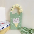 Gros plan du sac à téléphone en tricot vert clair avec poignée nuage jaune et glace - Style Lapin Glacé avec Poignée Jaune