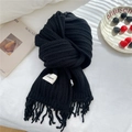 Classic black knitted winter scarf with soft tassels and brand label on white fabric - 19*165cm / Black