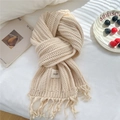 Creamy white knitted scarf with fringe and minimalist brand label on soft background - 19*165cm / Off White