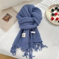Soft navy blue chunky knit tassel scarf with brand label in a cozy lifestyle setting - 19*165cm / Blue
