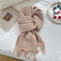 Chunky knit tasseled scarf in warm beige color with woven label detail for winter - 19*165cm / Beige Coffee