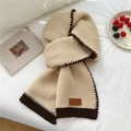 Two-tone chunky knit scarf in cream and dark brown with a vintage leather patch - Beige (Leather Label)
