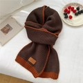 Two-tone knitted scarf in dark brown and caramel with contrast stitching and leather patch - Brown (Leather Label)