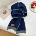 Knitted winter scarf in navy blue with light grey trim and premium leather logo tag - Navy Blue (Leather Label)