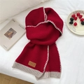 Red chunky knit scarf with cream wavy edges and decorative brown leather patch - Red (Leather Label)