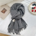 Thick grey knit scarf with fringe and minimalist label, cozy winter neck warmer accessory - 19*165cm / Gray