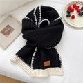 Black and white chunky knit scarf with premium leather tag for winter warmth - Black (Leather Label)