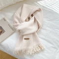 Cream knit scarf with soft tassels and brown leather handmade tag detail - Cream