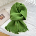 Grass green chunky knit scarf featuring cozy fringe tassels and a leather accent label - Grass Green