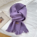 Solid taro purple knitted scarf with tassels and a handmade leather tag for winter - Purple