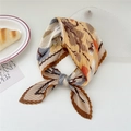Pleated square silk scarf with vintage floral pattern in brown and orange tones - White Peony with Camel Border (Pleated 7)