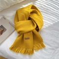 Ginger yellow chunky knit scarf with tassels and handmade leather label for winter - Yellow