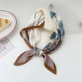 Pleated square silk scarf for women in cream and brown with vintage floral pattern - Lotus Pink Ginkgo Leaf Patchwork (Pleated 10)