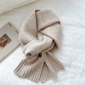 Chic beige knitted winter scarf with premium leather patch and ribbed textures - 20cmx170cm / Off White