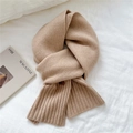 Cozy camel knit winter scarf with ribbed texture and premium vintage leather tag detail - 20cmx170cm / Camel