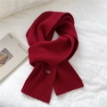 Solid deep red knit scarf for winter with ribbed edges and leather tag detail - 20cmx170cm / Red
