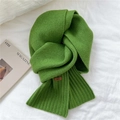 Classic grass green knit scarf with ribbed texture and brown leather label detail - 20cmx170cm / Grass Green
