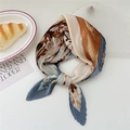 Pleated silk scarf with abstract floral pattern in beige and caramel tones - Deer Bird Flowers with Grey Border (Pleated 19)