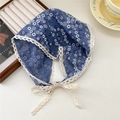 Vintage floral cotton linen triangular headscarf with beige lace trim and ties - Blue Floral
