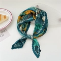 Pleated silk scarf with green and ginger abstract prints in a bow tie style display - Landscape Beauty (Pleated 25)