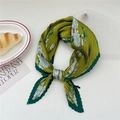 Grass green pleated silk scarf with white floral patterns for elegant neck decoration - Small Butterfly White Flower Green (Pleated 29)