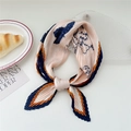 Pleated floral silk scarf with deep blue patterns and orange border in a knot style - Camellia Three Leaves (Pleated 31)