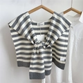 Close-up of grey and white striped knitted shawl draped on a hanger with white shirt - Oval HELLO Two-Color Stripe (PJ1112) / Gray