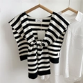 Detail of striped knitted shawl with decorative front knot on a white shirt - Oval HELLO Two-Color Stripe (PJ1112) / Black
