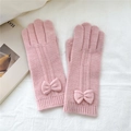 Détails de gants en tricot rose avec nœud décoratif et poignets côtelés pour l'hiver - Taille unique / Rose