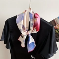 Floral print satin silk scarf in lilac and red tied on a black shirt neckline - 8 Single Layer Double Sided - Red Leaf Hibiscus / 15*143cm