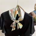 Floral print silk scarf with green yellow floral patterns on a black silk shirt - 9 Single Layer Double Sided - Green Leaf Fruit / 15*143cm