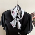 Pink leaf print silk necktie scarf tied as a bow on a black satin blouse - 11 Single Layer Double Sided - Cycad Leaf / 15*143cm