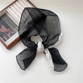 Elegant black cotton scarf with white lace trim tied in a stylish bow knot - 25*98cm / Black