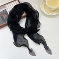 Bufanda de gasa negra plisada con colgantes de hojas bordadas y tejido muy ligero - 15*180cm / Negro
